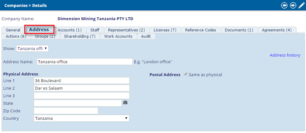Companies & People: Address tab