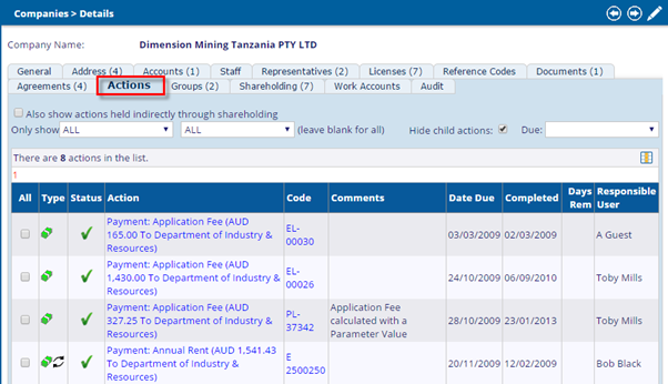 Companies & People: Actions tab